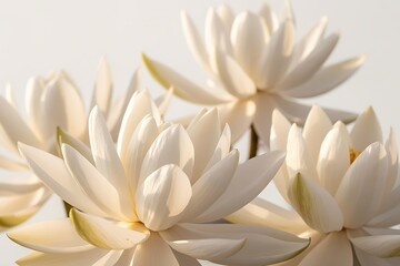 Fototapeta premium Elegant White Water Lilies in Bloom Close Up View of Delicate Petals and Soft Lighting Symbolizing Purity and Tranquility