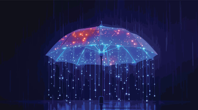 Glowing abstract umbrella in the rain with digital lights and neon blue color scheme.