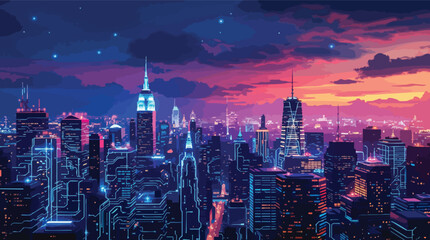 New york city skyline with neon lights and futuristic digital circuitry at sunset.