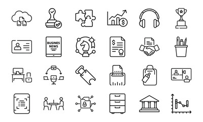 Minimal Line Office and Business Icon Set 24 Clean Vector Icons for Finance, Strategy, Management, Office Desk, File, Planning, Teamwork, Marketing and Workspace UI Design