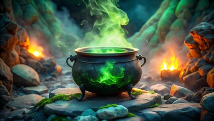 Mystical Green Potion Brewing in Ancient Cauldron, Fantasy Setting, Dark Moody Atmosphere