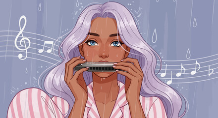 Melancholy Musician Playing Harmonica in the Rain with Musical Notes.