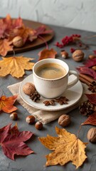 A cozy breakfast scene featuring a hot cup of coffee, aromatic spices, and autumn leaves on a rustic wooden table