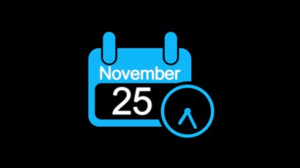 November 25 month calendar with time symbol icon animation.