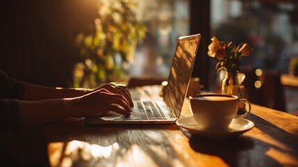 Young freelancer typing on laptop at caf?(C) table early morning soft sunlight casting warm glow over fresh coffee