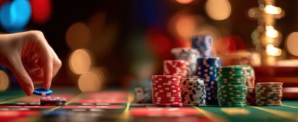 The hand placing poker chips on a colorful casino table during an exciting game.