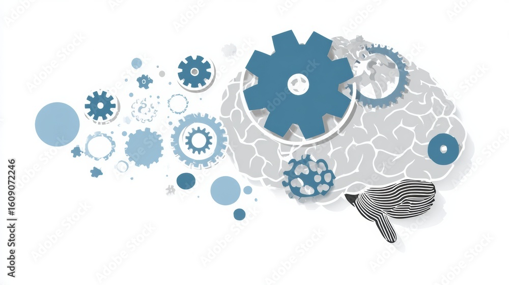 Poster creative concept featuring a brain and gears in a flat modern style, symbolizing innovation and cogn