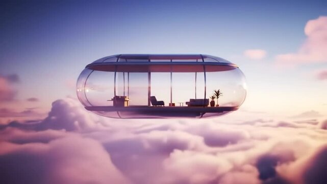 Floating Dream Home: Futuristic Pod House Above Clouds, Serene Sky Living, Architectural Fantasy