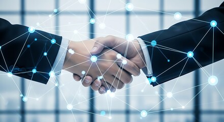 Business handshake surrounded by a digital network,Symbolic business handshake with glowing digital network on a blurry background