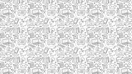 Obraz premium Seamless pattern with business and finance icons in hand drawn style on a white background design wallpaper