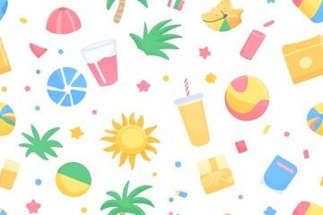 Colorful summer pattern with drinks, beach balls, sun, palm tree fronds and festive confetti on white background
