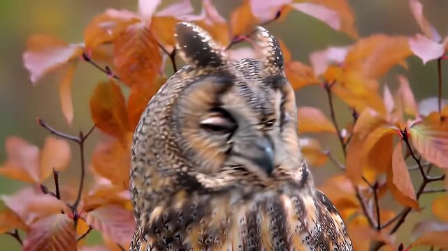 Detailed Portrait of a Long Eared Owl with Bright Orange Eyes and Autumn Leaves Background