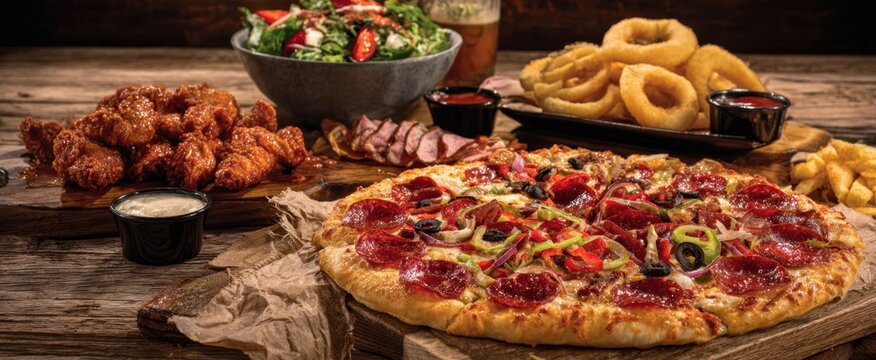 The delicious pizza accompanied by wings and fresh salad on a rustic table.