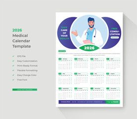 Calendar 2026, Medical, Hospital and Healthcare Calendar Template with Doctor Photo this Wall Calendar 2026 week starts Sunday