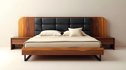 Stylish modern bedroom with quilted black leather headboard beige bedding and wooden side tables