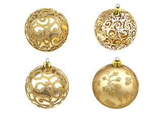 Four ornate gold christmas ornaments isolated on transparent background
