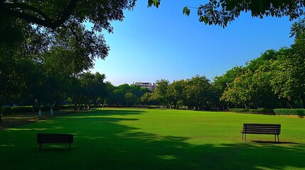 serene park landscape with lush green meadow and wooden benches for peaceful retreat under clear blue sky calm nature leisure moment concept.