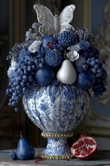 A rustic fruit basket filled with various fresh fruits standing on an old wooden table, showcasing natural colors and textures in a cozy, vintage kitchen setting