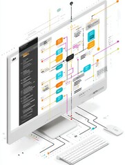 Flowchart Displaying Coding Process on Smart Screen in Bright Workspace With Clean Left Side