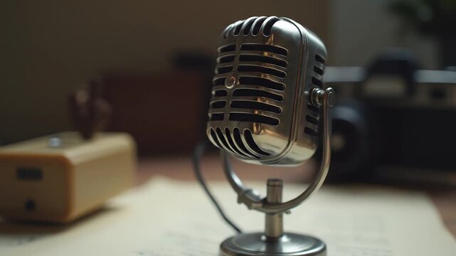 Vintage Microphone on Script with Camera in Background Podcast or Radio