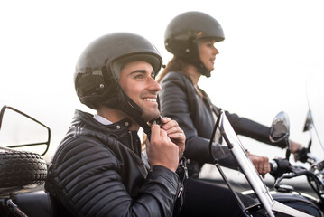 Couple enjoy a nice day in a sidecar
