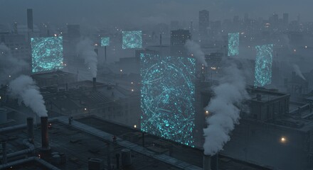 Industrial cityscape with holographic displays over smoking factories