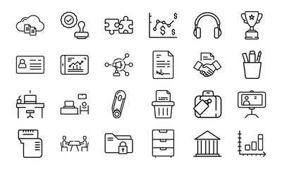 Minimal Line Office and Business Icon Set 24 Clean Vector Icons for Finance, Strategy, Management, Office Desk, File, Planning, Teamwork, Marketing and Workspace UI Design