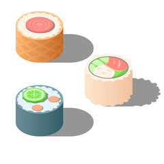Set Abstract Collection Isometric Japanese Food Sushi Fish Rice Eat 3D Object Kitchen Design Element Vector Design