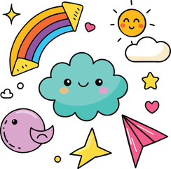 Kawaii style cute cartoon elements featuring a smiling rainbow happy sun adorable cloud flying bird paper airplane and sparkling stars on a white background
