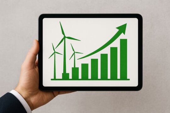 Clean Energy Progress on Tablet: A man's hand holds a tablet displaying a graph with an upward arrow and wind turbines, symbolizing progress in renewable energy and sustainable growth. - Powered by Adobe