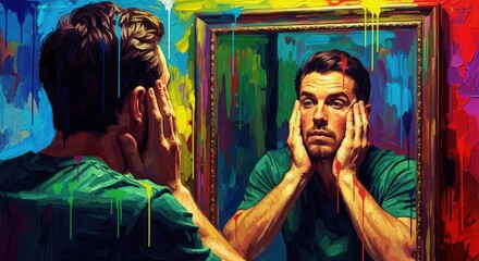 Fototapeta premium Caucasian man looking at his reflection in a mirror featuring an expressive, colorful oil painting with brushstrokes.