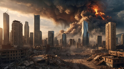 A dramatic post-apocalyptic urban scene featuring a devastated city engulfed in fire and thick smoke. Collapsed skyscrapers, rubble, and a dark, ominous sky convey the aftermath of a catastrophic even