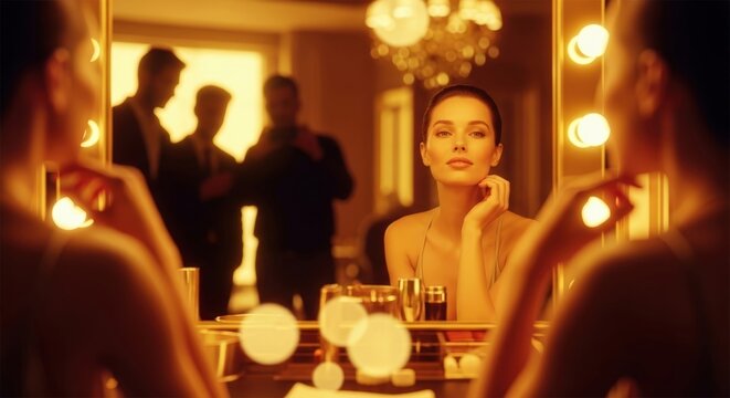 Young caucasian woman with a reflection in a vanity mirror, getting ready for an event or party. Fashion and beauty at dressing room.