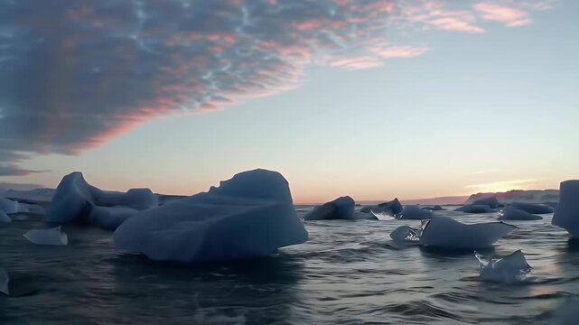 Icy Beach Landscape Under Pink Sunset Sky in Iceland Glacial Ice Formations and Serene Black Sand with Scenic Frozen