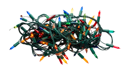 String of Christmas lights in tangled form, isolated on transparent background.