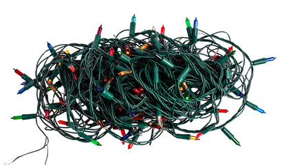 String of Christmas lights in tangled form, isolated on transparent background