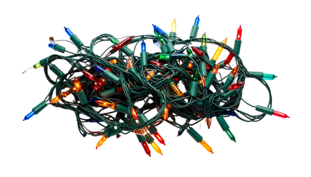 String of Christmas lights in tangled form, isolated on transparent background.