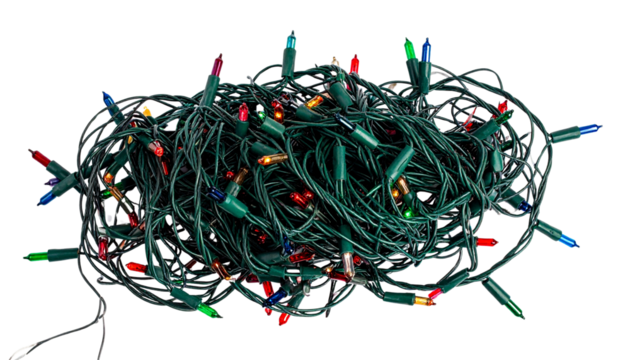 String of Christmas lights in tangled form, isolated on transparent background