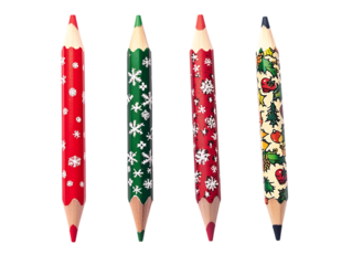 Four christmas themed double ended pencils isolated on transparent background