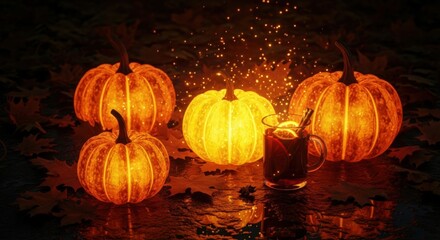 Fototapeta premium Four glowing pumpkins and a mug of hot mulled wine with autumn leaves on a wet surface with reflections. Halloween holiday concept.