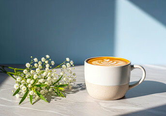 Fresh Coffee Cup with Beautiful Latte Art and White Flowers