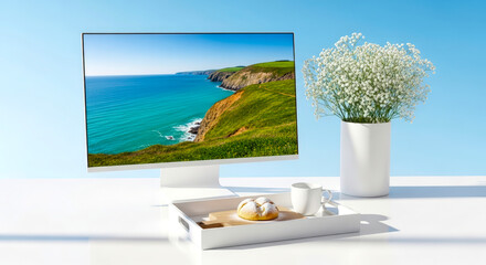 Scenic Coastal View on Computer Screen with Breakfast Setting