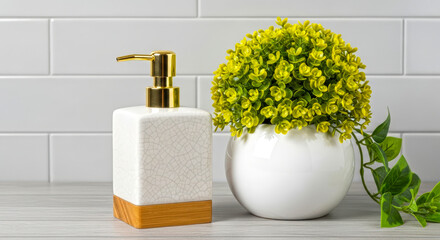 Elegant Bathroom Decor with Soap Dispenser and Lush Green Plant