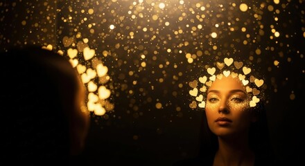 A woman with glittery makeup and golden hearts around her head, representing love and celebrating Valentine's Day.