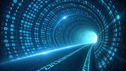 Futuristic digital data tunnel with glowing binary code and light at the end