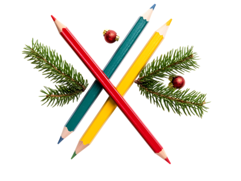 Christmas tic tac toe game with pencils and pine branches isolated on transparent background