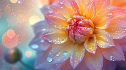 Vibrant Garden Dahlias in Full Bloom, Morning Dew Droplets Glistening on Petals, Soft Natural Light Creating Magical Atmosphere in English Country Garden Setting. Generative Ai