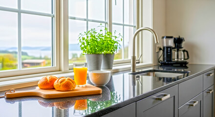 Bright Modern Kitchen with Fresh Ingredients and Scenic View