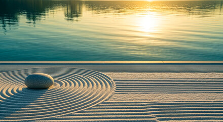 Serene Zen Garden with Sand Patterns and Calm Water Reflection
