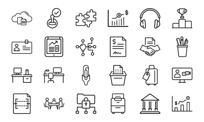 Minimal Line Office and Business Icon Set 24 Clean Vector Icons for Finance, Strategy, Management, Office Desk, File, Planning, Teamwork, Marketing and Workspace UI Design